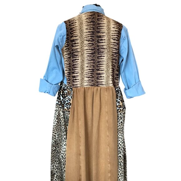 Patchwork Duster Jacket Dress, M: Upcycled Animal Print Button-Down Boho Kaftan - Picture 9 of 13